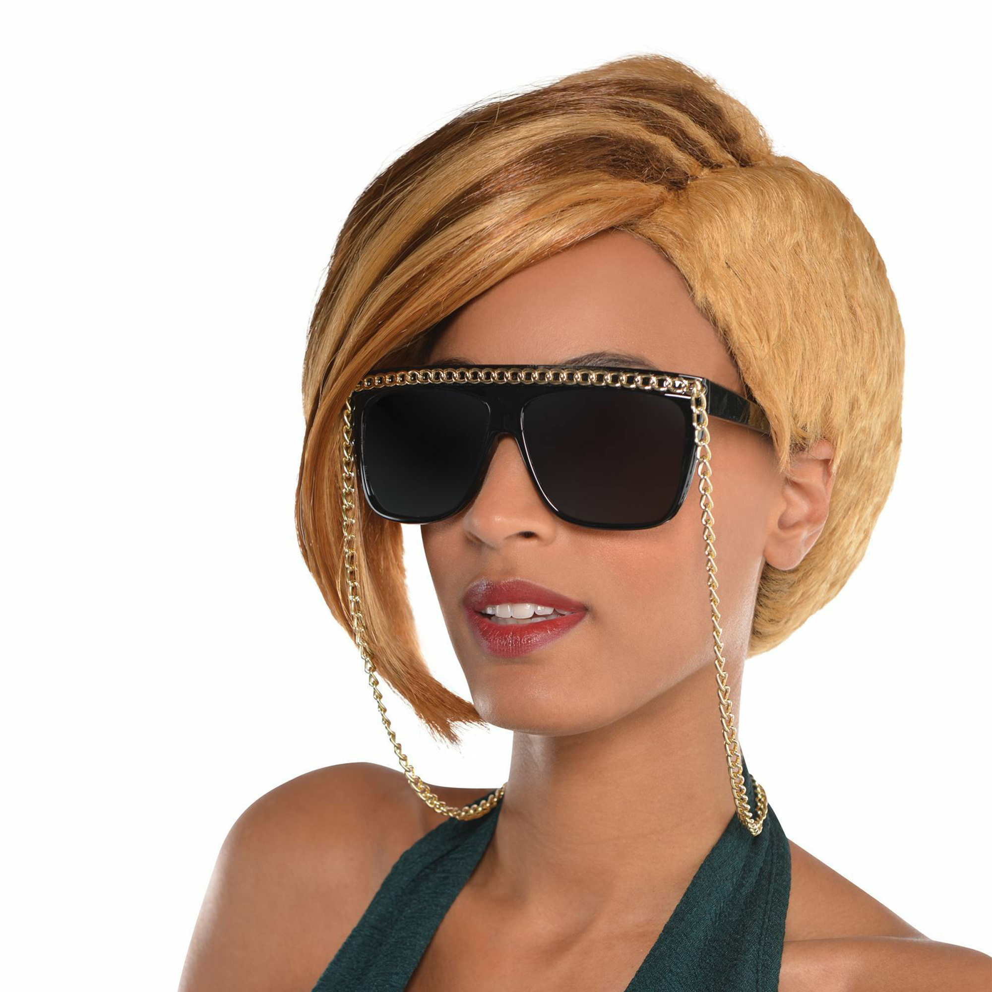 Hip Hop Costume Sunglasses with Gold-Look Chain