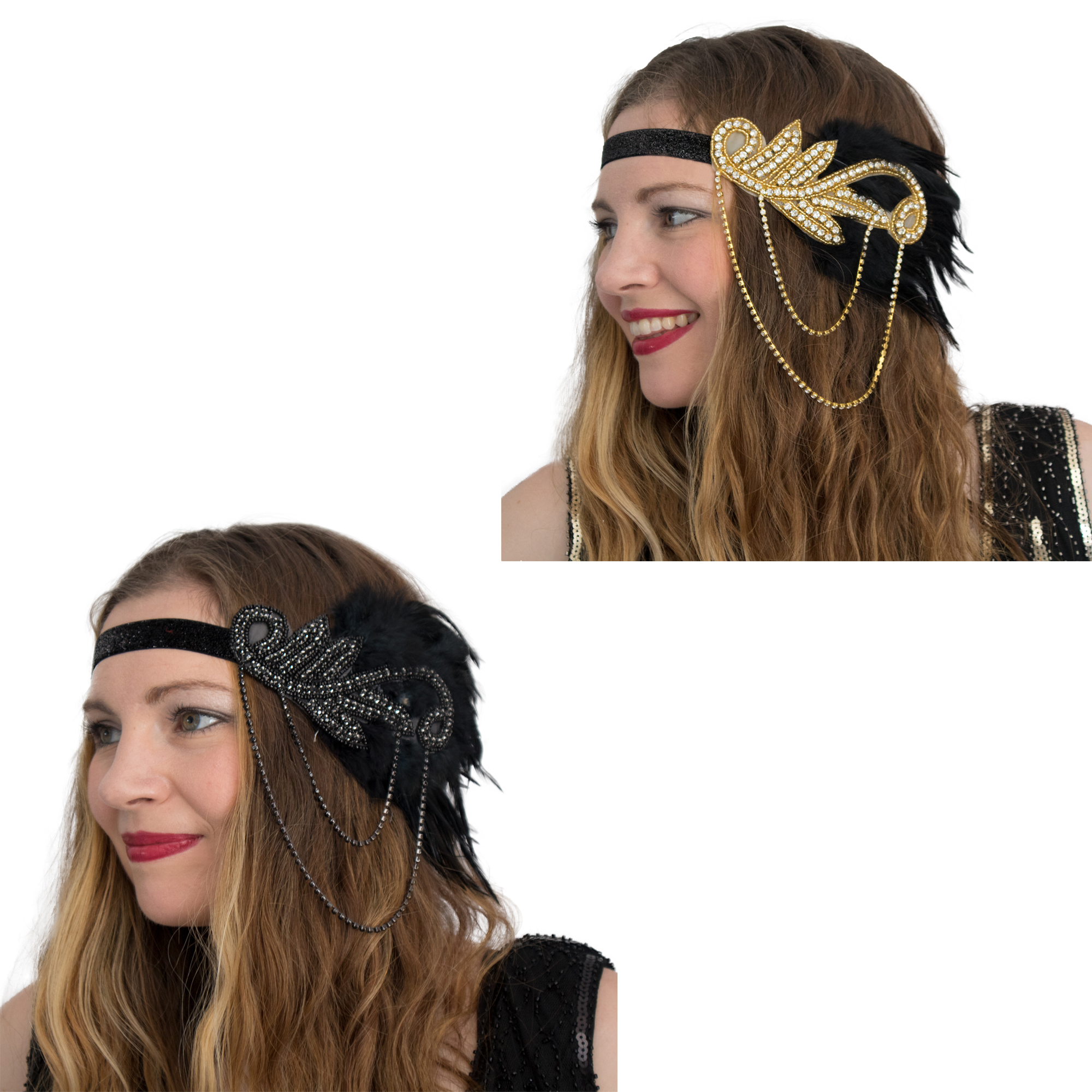 1920s Flapper Headband Feather Crystal Beaded Gatsby Costume Accessory 1920s Flapper Headband - Black Feather Headpiece with  main image 2